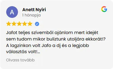 Jafot teljes szívemből ajánlom mert idejét sem tudom mikor buliztunk utoljára ekkorát!?A lagzinkon volt Jafo a dj és a legjobb választás volt!
A férjemet sose láttam még ennyire felszabadultan bulizni! A násznép is imádta! Egy olyan estét szolgáltatot számunkra amit nehéz lenne elfelejteni!
Köszönünk mindent! Rock&Roll! 🤟🥰