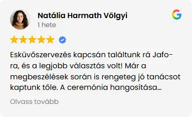 Esküvőszervezés kapcsán találtunk rá Jafo-ra, és a legjobb választás volt! Már a megbeszélések során is rengeteg jó tanácsot kaptunk tőle. A ceremónia hangosítása is tökéletes volt, mindenki számára érthető volt minden szó. A kevésbé táncos lábú vendégeinket is e tudta vonzani a tááncparkettre.