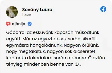 Gáborral az esküvőnk kapcsán működtünk együtt. Már az egyeztetések során sikerült egymásra hangolódnunk. Nagyon örülünk, hogy megtaláltuk, nagyon sok dicséretet kaptunk a lakodalom során a zenére. Ő aztán tényleg mindenben benne van 😃
Szívből ajánljuk mindenkinek!♥️